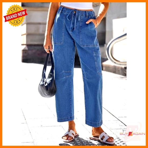 High Waisted Straight Wide Leg Cargo Denim Pants Loose Fit with Pockets - Picture 3 of 7